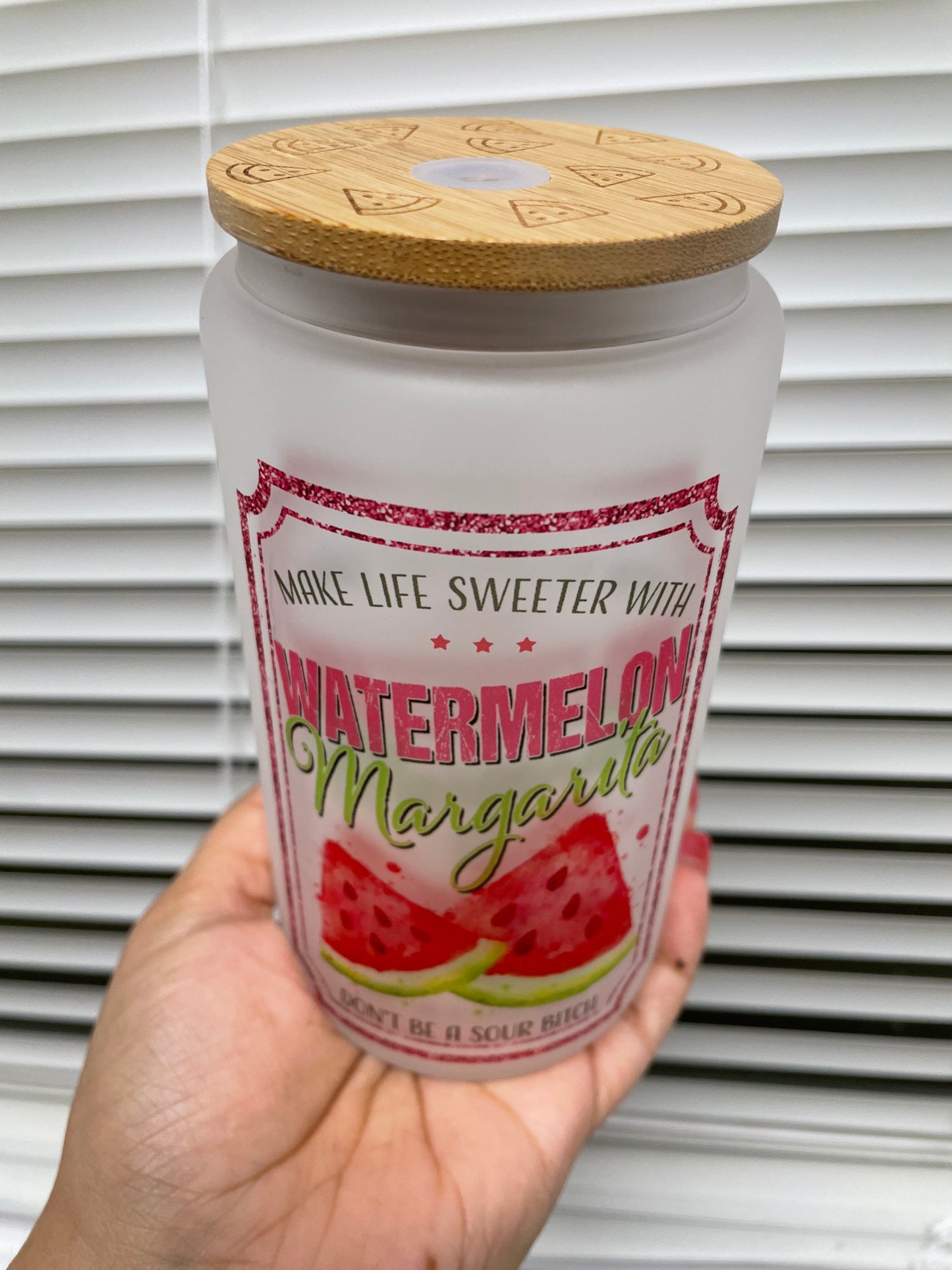 Watermelon Frosted Glass Can- Engraved Lid